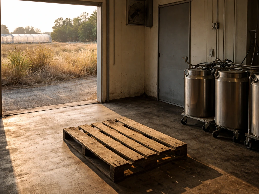 Sunlit farm loading bay with stainless canisters and pallets, symbolizing agriculture and food processing.