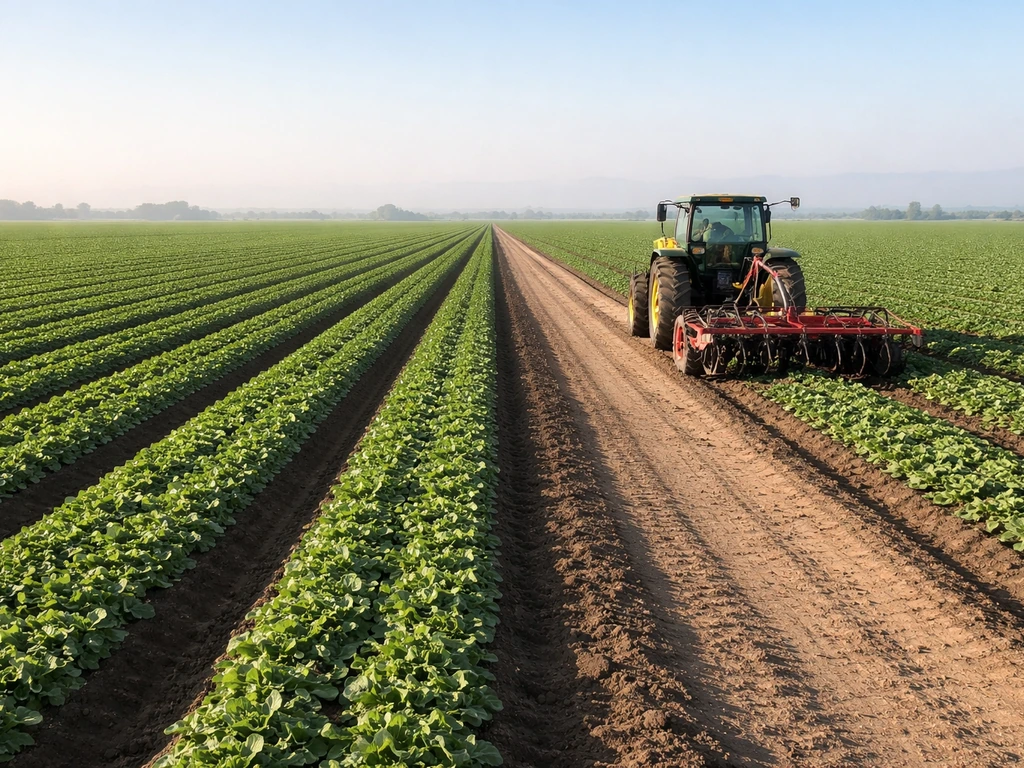 A Central Valley crop field with orderly rows and farm equipment in warm daylight, symbolizing agricultural income.