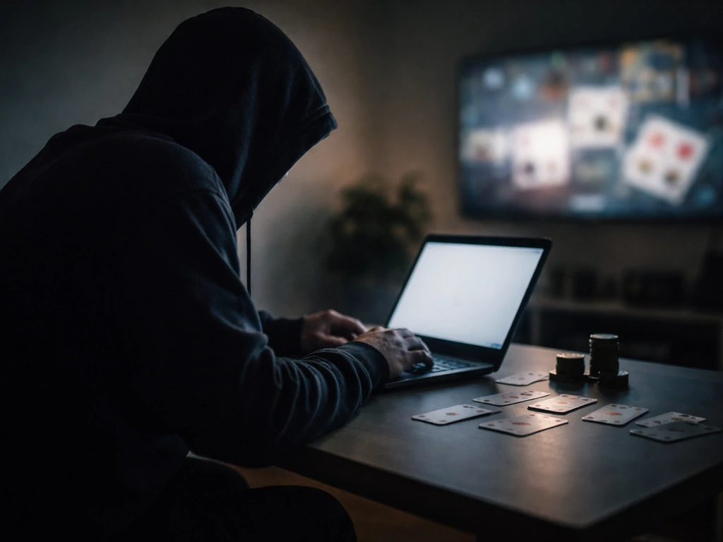 Anonymous hooded game developer silhouette at a desk with poker cards and coins, symbolizing estimated net worth