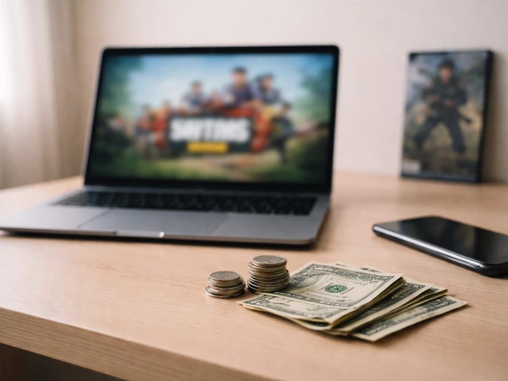 Minimal desk scene with a laptop, cash-like props, and a smartphone suggesting gaming and net worth context