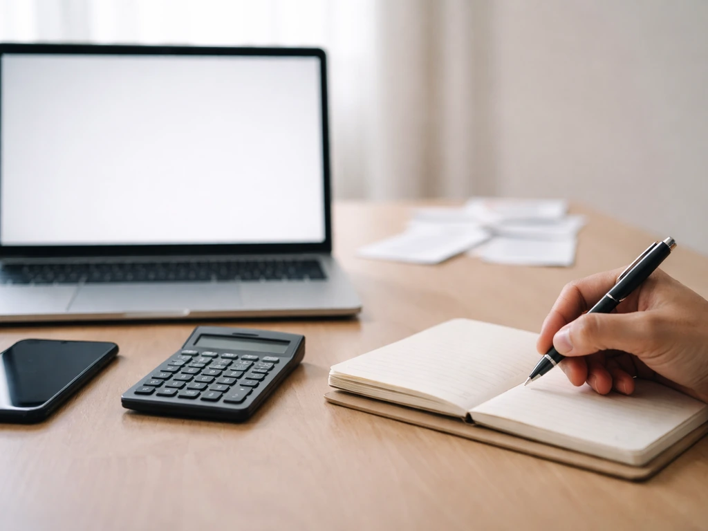 Minimal desk with calculator, laptop, notebook, and a hand hovering—symbolizing net-worth estimate calculations.