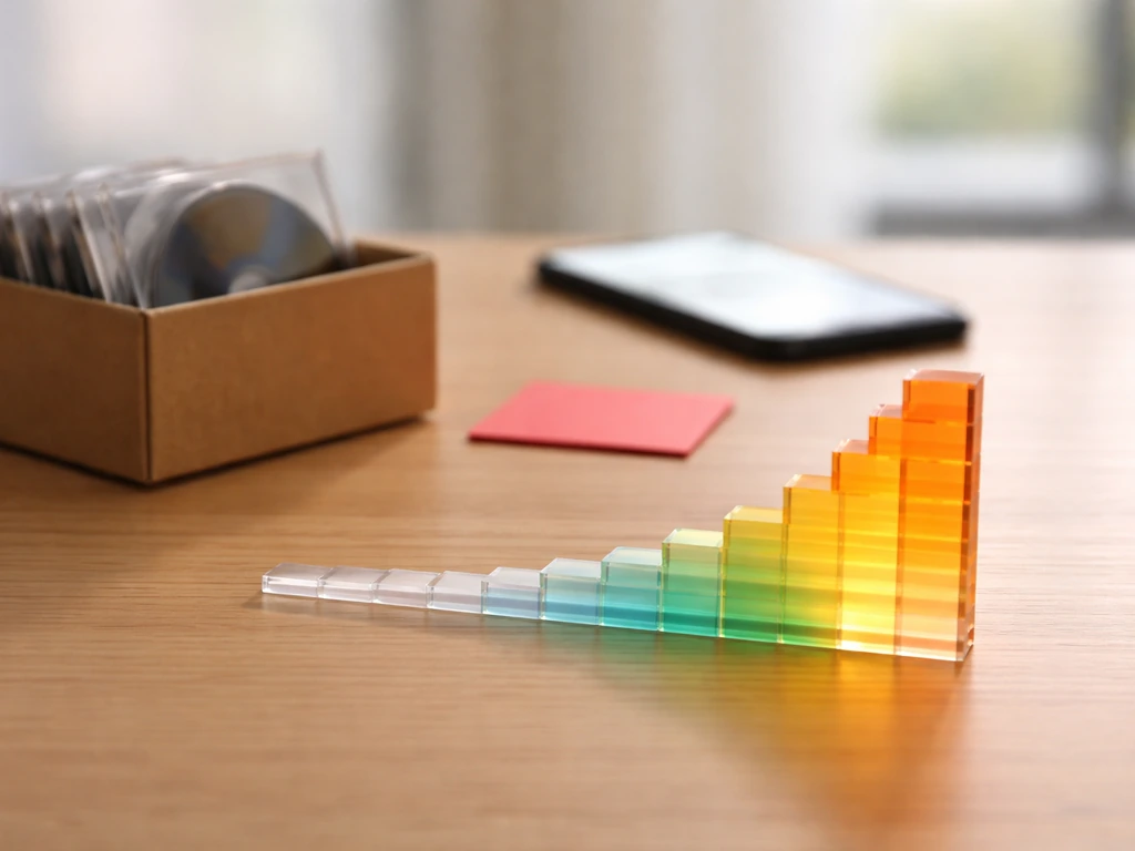 Minimal desk scene with game discs and a subtle rising glow metaphor for sustained long-tail performance.