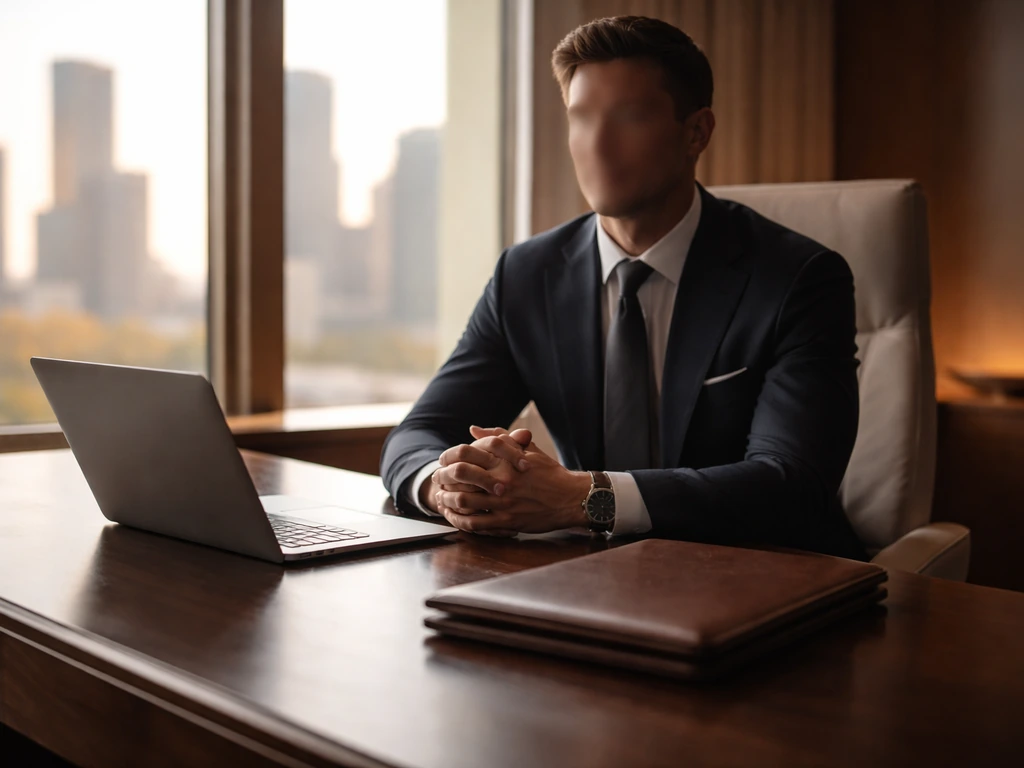 Luxury office scene with a man in a suit working at a desk, symbolizing corporate leadership and wealth interest.