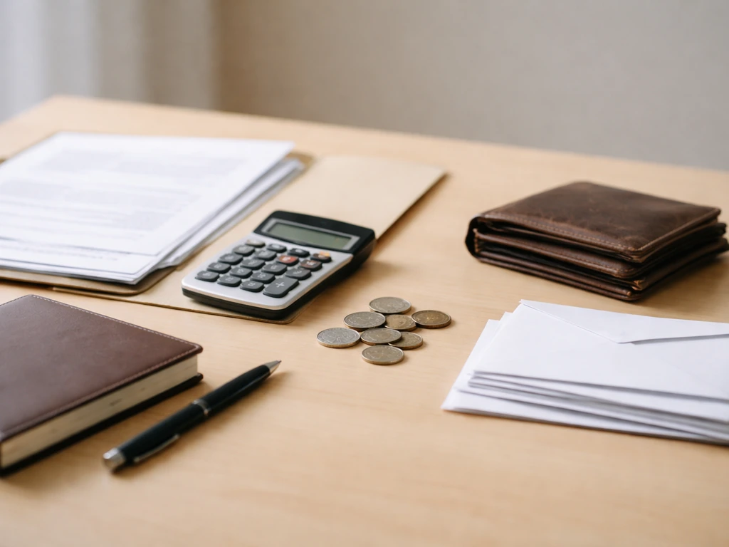 Minimal photo of a desk with scattered documents, a calculator, and coins symbolizing net worth assets and liabilities