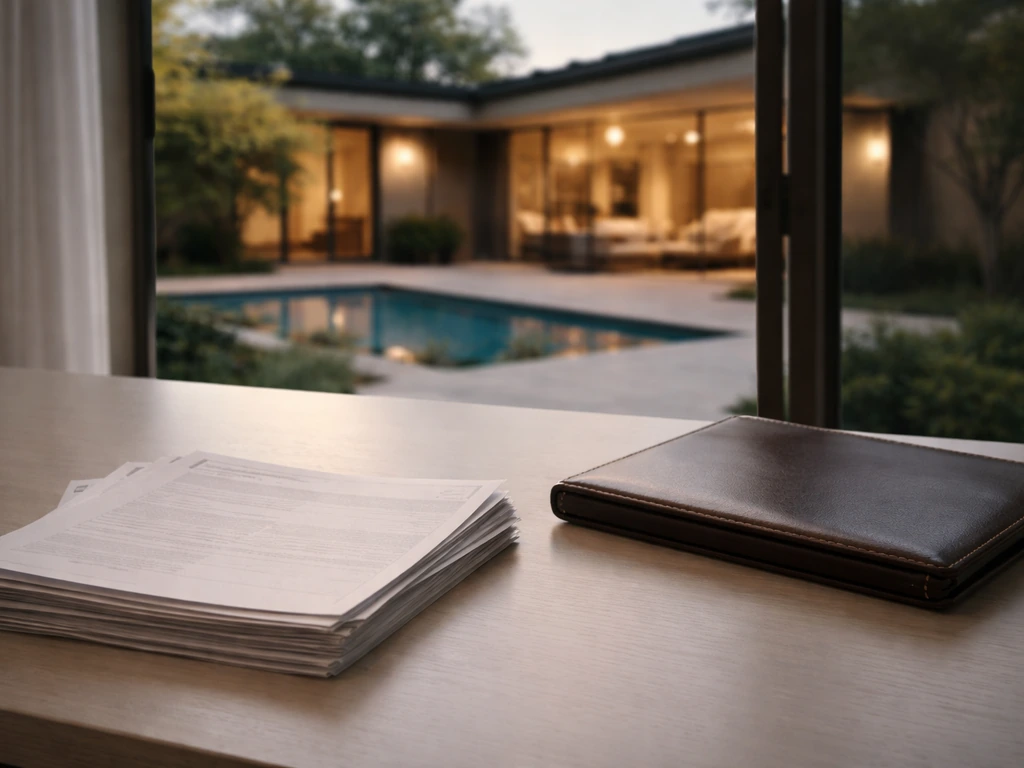 Sunlit real estate and finance desk scene with a home exterior view and generic investment documents