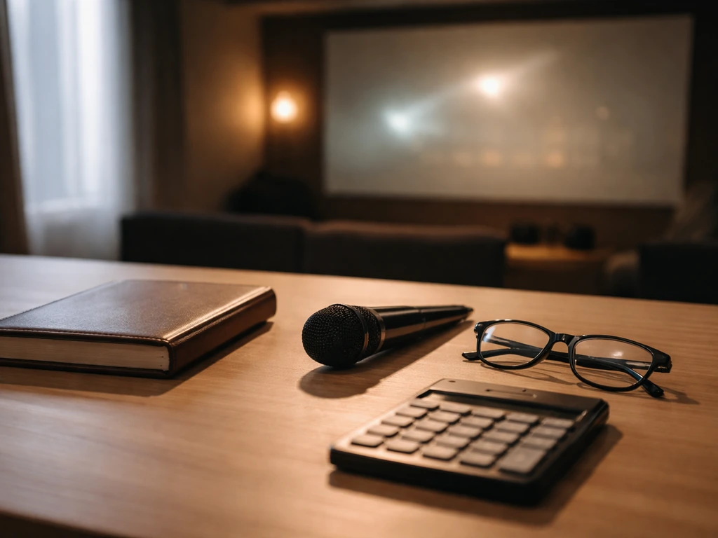 Minimal desk scene with microphone and calculator, with a blurred projector beam hinting at film earnings analysis.