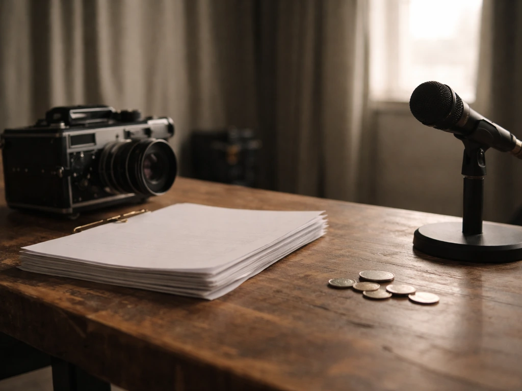 Minimal cinematic studio desk scene with a vintage camera, script pages, and scattered coins suggesting film wealth.
