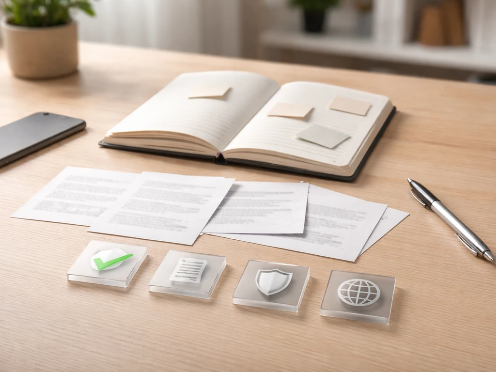 Minimal desk scene with blank notes and simple icon tiles suggesting net-worth source verification.