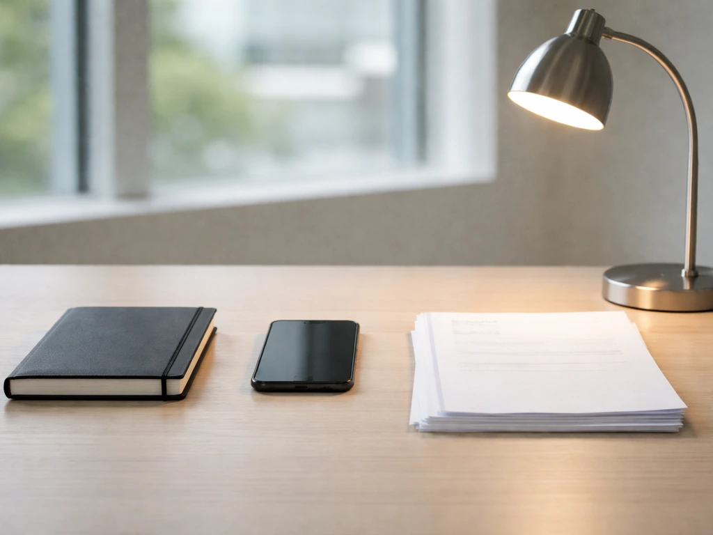 Minimal office desk with papers and a phone, symbolizing comparing financial net worth estimates without readable text.