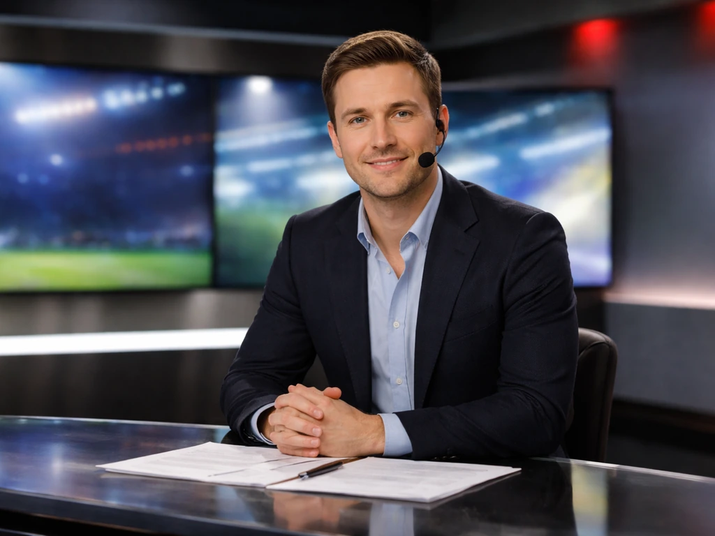Generic sports news anchor at a TV desk with blurred sports screens and papers for contract context.