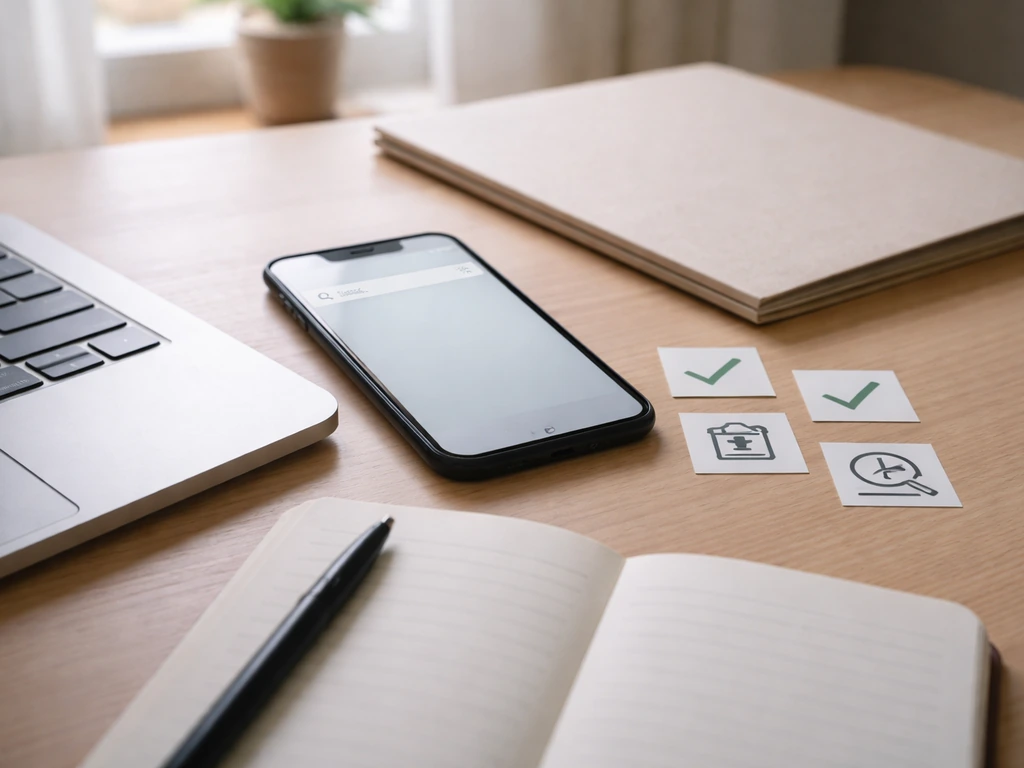 Minimal desk scene with smartphone showing a generic web search, symbols suggesting identity and source checks