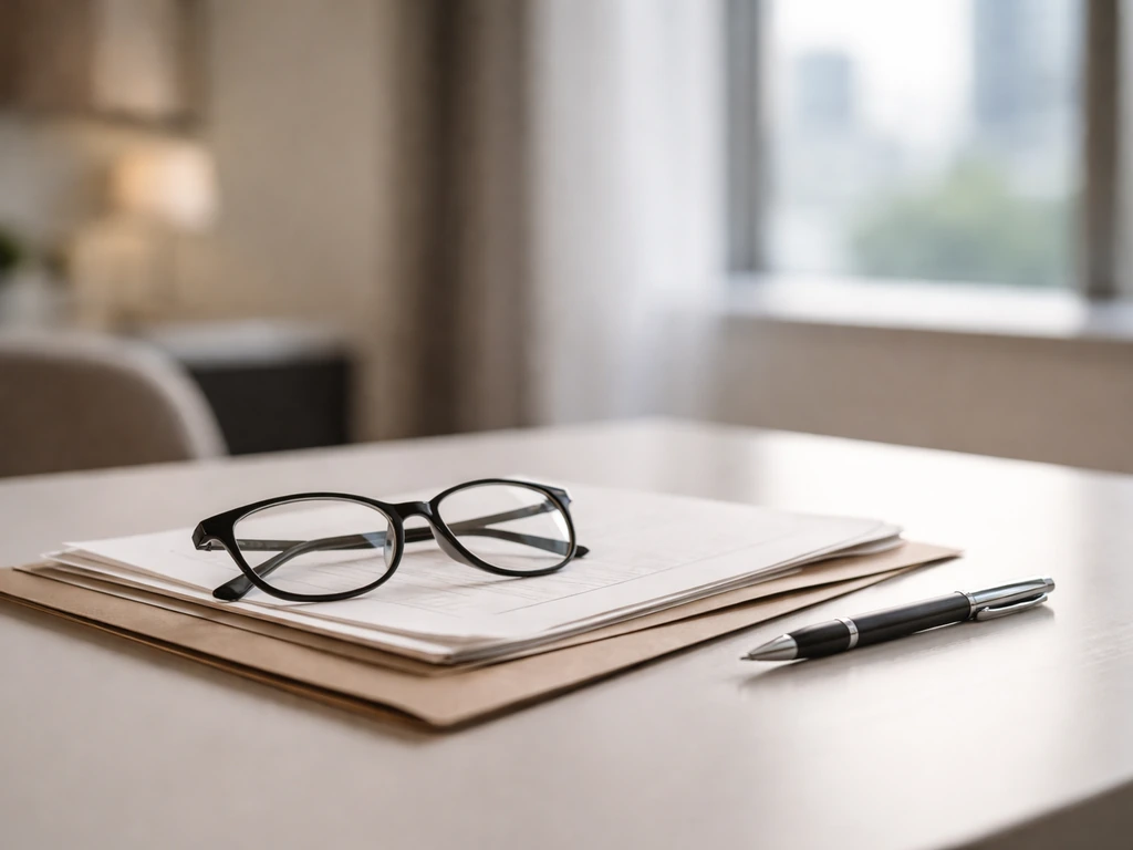 Minimal photo of a luxury office desk with eyeglasses and scattered documents, symbolizing research identity clarity.