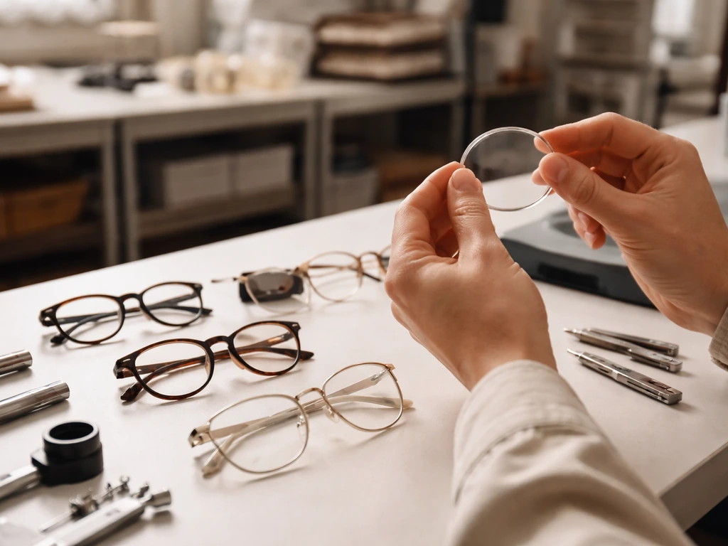 Close-up of eyeglass frames and an inspected lens on a modern workshop counter with a softly blurred factory backdrop.