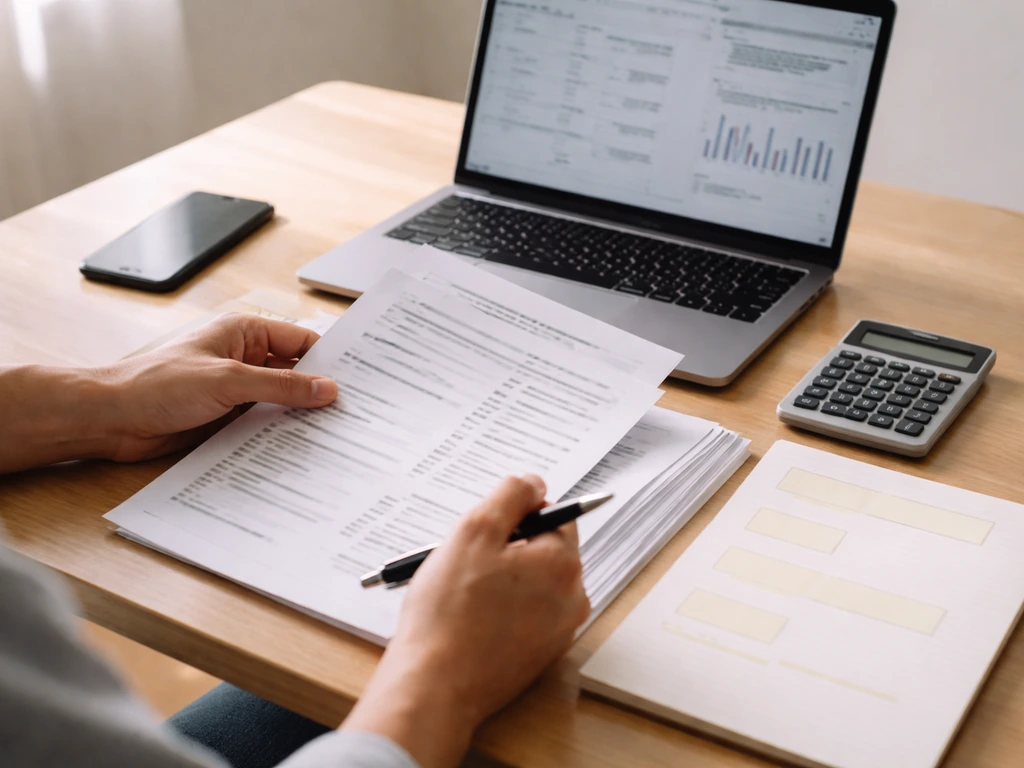 Minimal desk scene with laptop open to financial reports, papers, and a pen for verifying an estimate