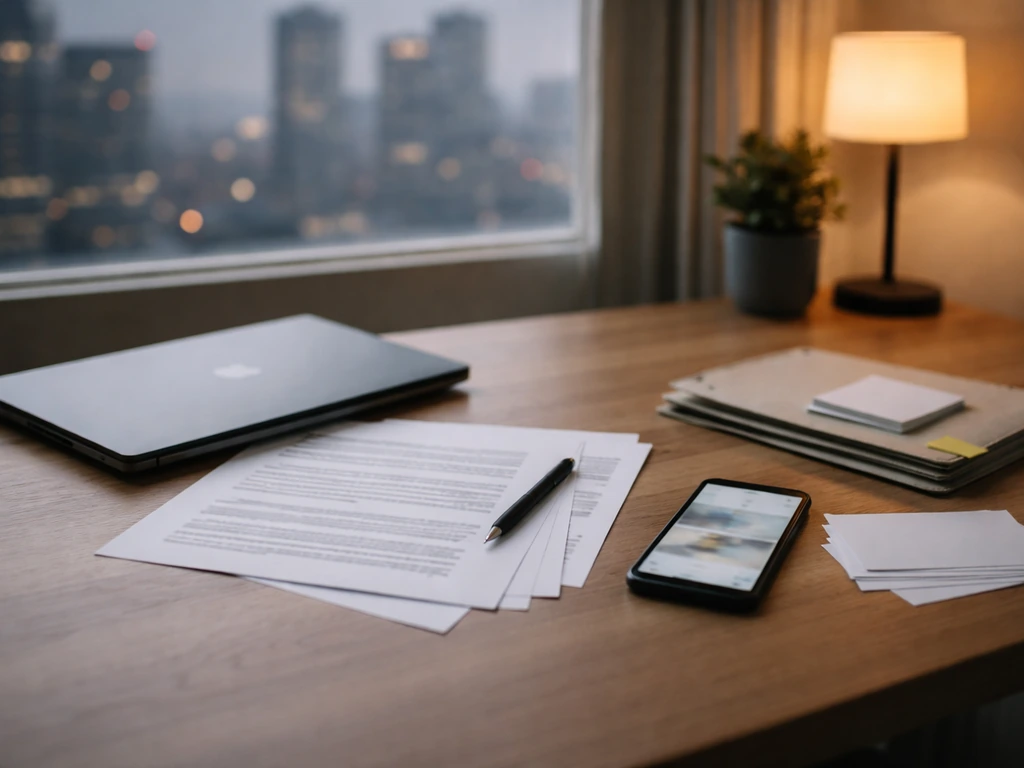 Minimal desk scene with laptop and blank source pages for net-worth research theme.