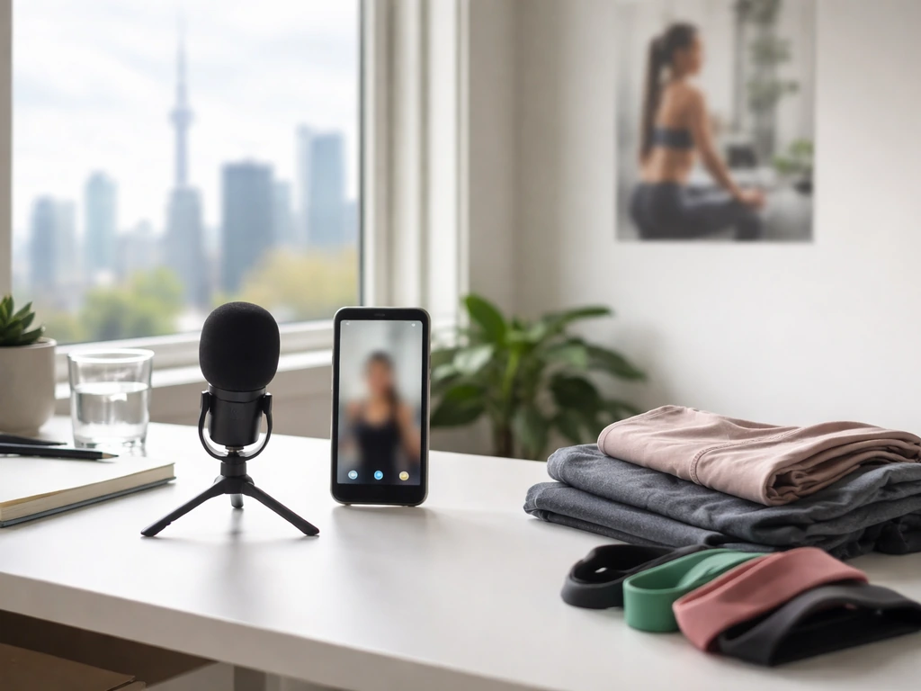 Toronto fitness and coaching vibe with a desk setup: phone, microphone, and gym wear in soft daylight.