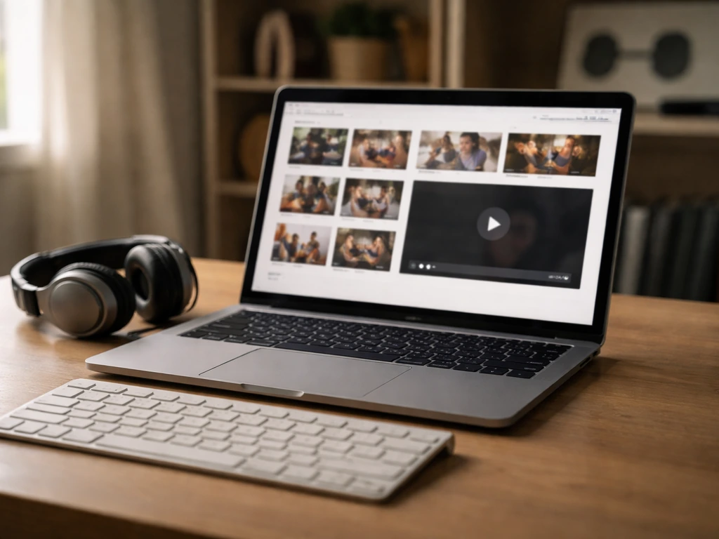 Close-up of a laptop on a desk showing blurred fitness course thumbnails and a streaming session UI