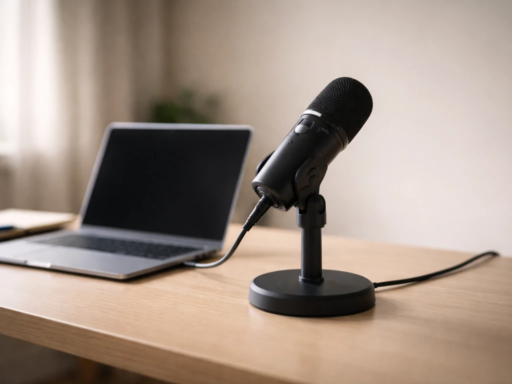 Minimal podcast setup with a microphone and laptop on a desk in natural window light.