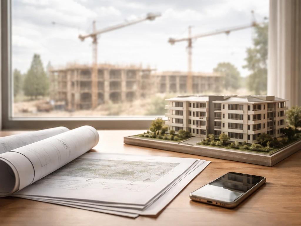 Blueprints and a small building model on a desk, with a softly focused construction site outside
