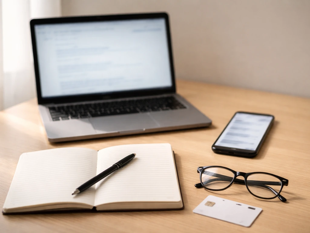 Minimal desk scene with blurred phone and laptop screens suggesting source verification and cross-checking.