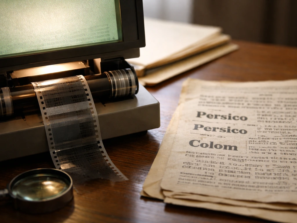 Close-up of microfilm and a vintage newsroom clip showing confusing Persico names