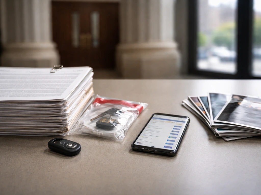 Desk scene contrasting court documents and blurred phone news with no readable text.