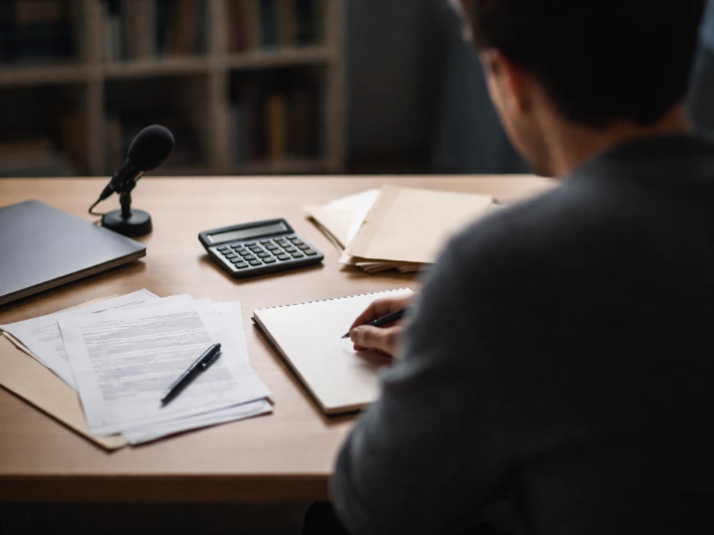 Minimal photo of a person working at a desk with scattered financial papers and a microphone nearby