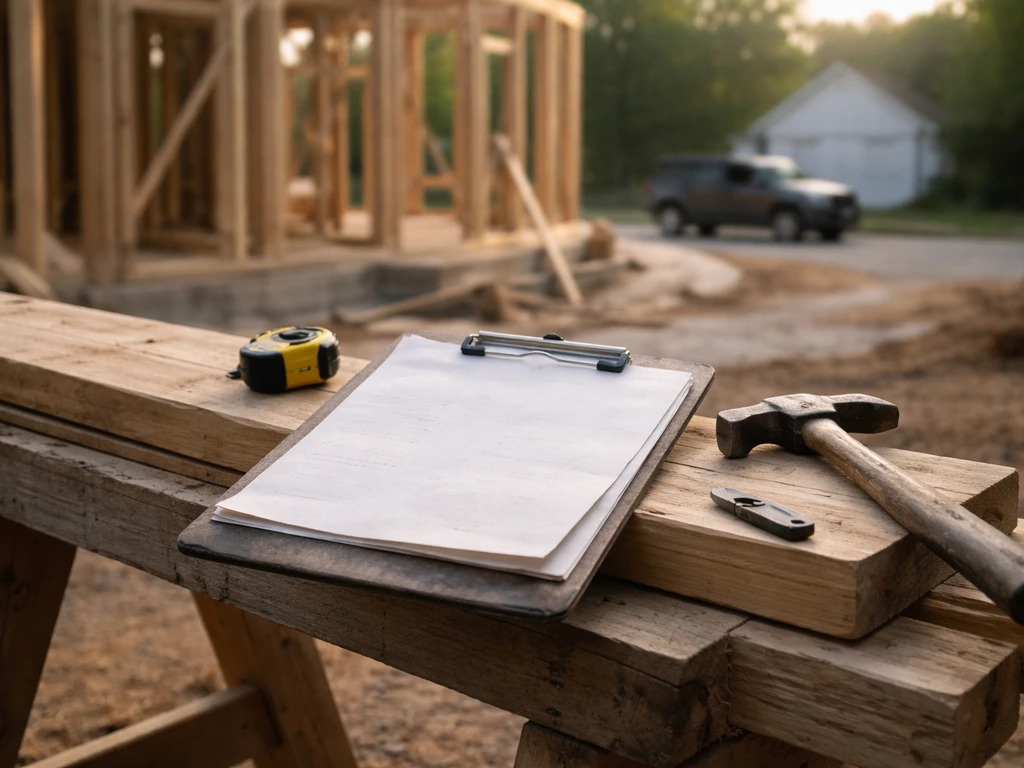Minimal photo of an Ohio-style home construction site with tools and a builder’s clipboard, symbolizing net-worth resear