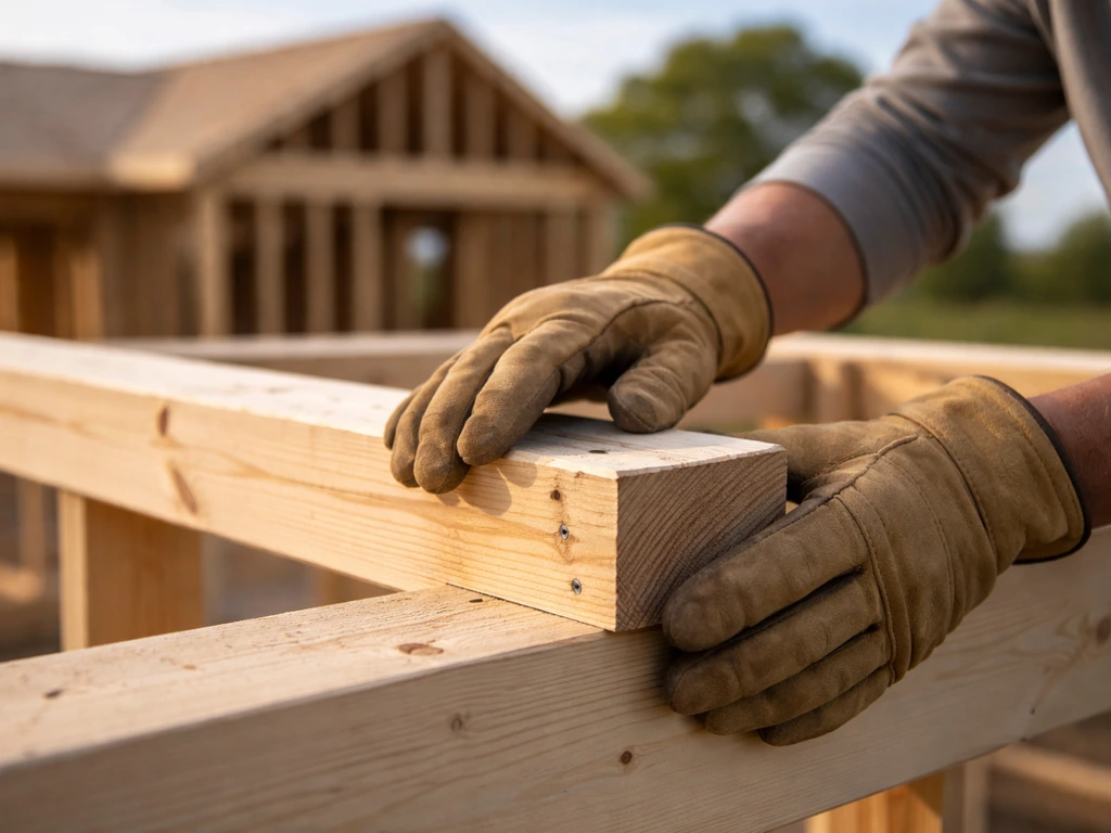 Minimal photo of a builder’s hands placing a small framing piece at a clean construction site.
