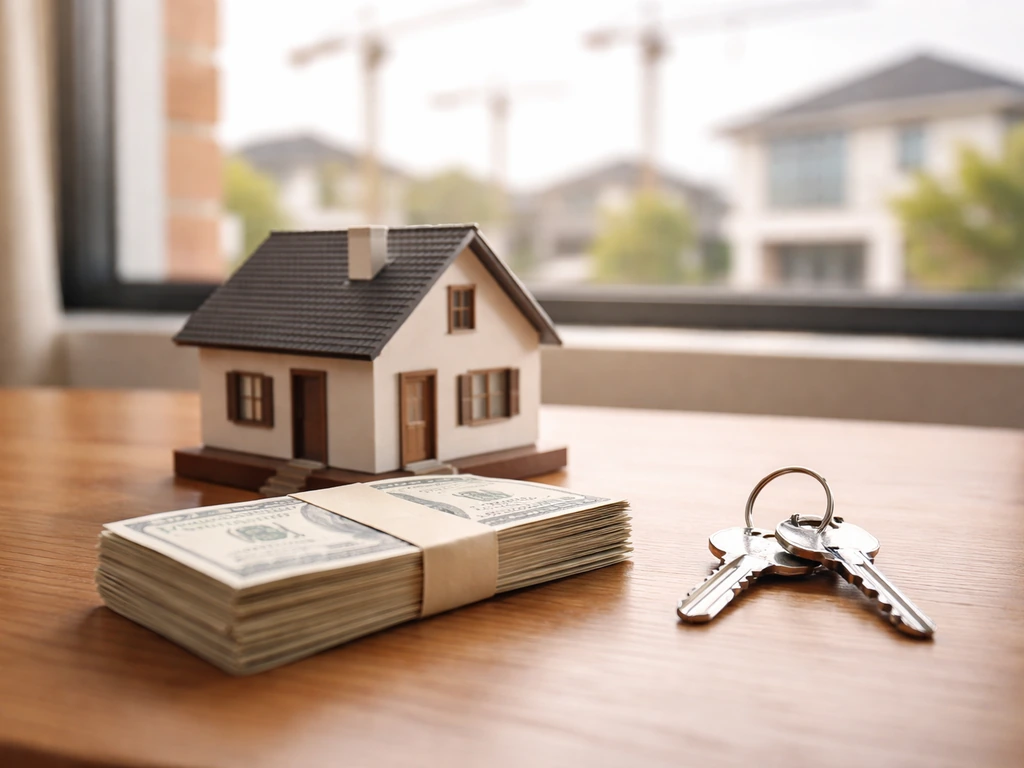 Minimal homebuilding and wealth symbolism: model house, cash envelope, and keys on a tidy desk by a window