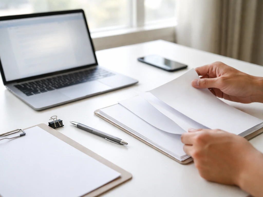 Person at a desk comparing business registry documents with a calculator and phone