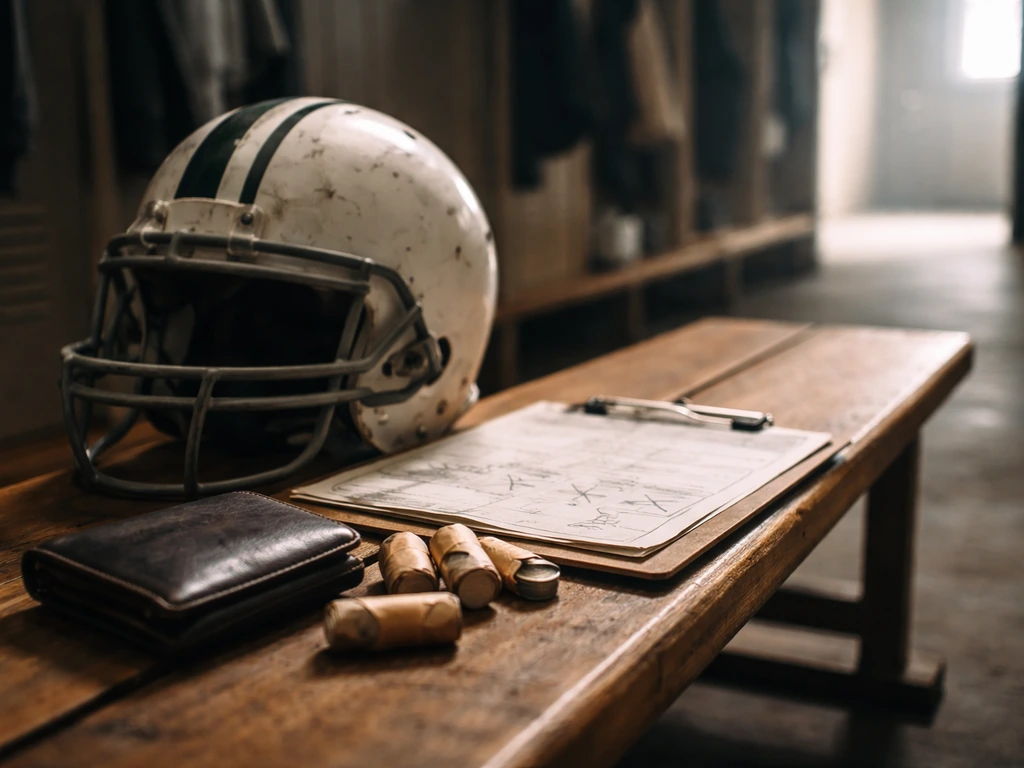 Helmet and clipboard in a quiet NFL locker-room corridor with wallet and coins for symbolic career wealth.
