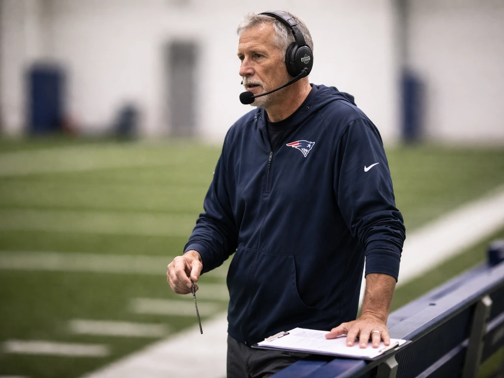 NFL coach at a Patriots training facility holding a clipboard, focused, minimal background