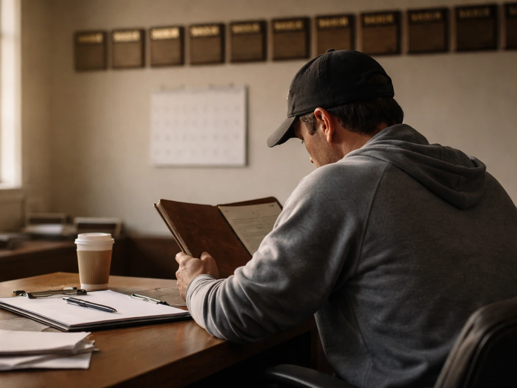 Anonymous football assistant coach at a desk with vintage year plaques suggesting rising decades of earnings.