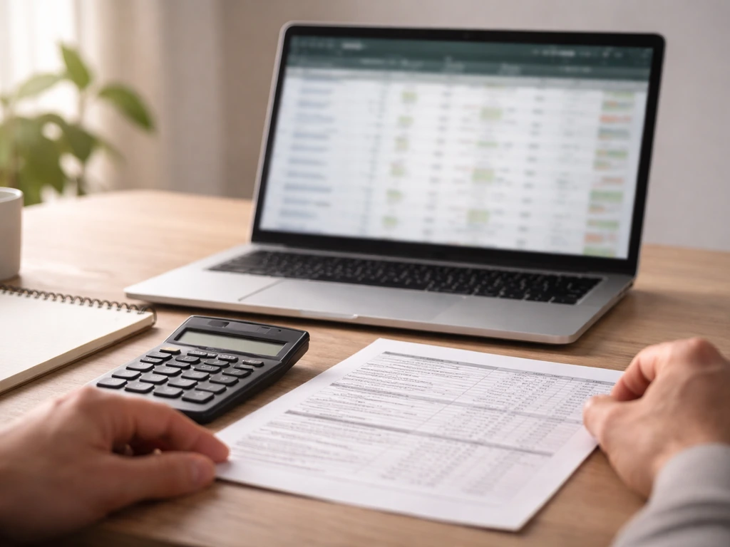 Minimal desk scene with laptop and calculator, suggesting quick online verification of an estimate.