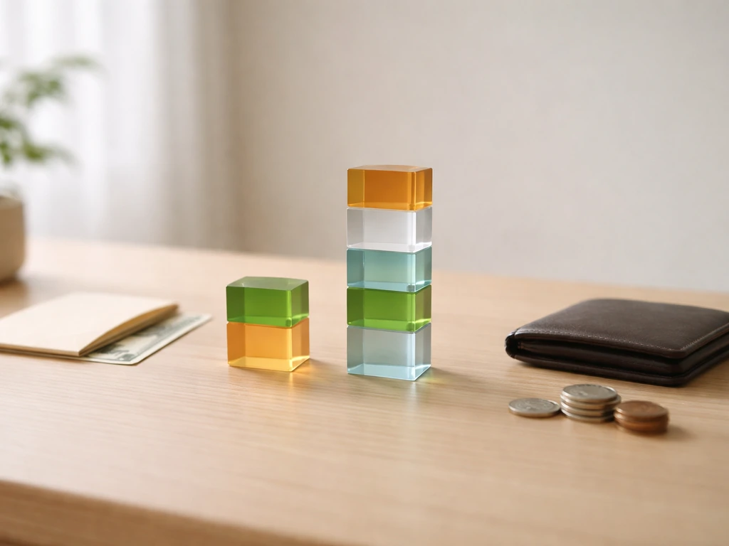 Minimal desk scene with symbolic objects suggesting a low-to-high net worth breakdown.