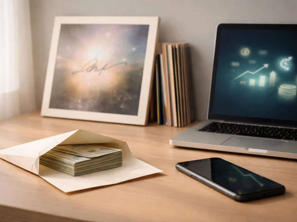 Minimal photo of studio desk items symbolizing assets: cash envelope, vinyl/signed memorabilia, and phone showing financ