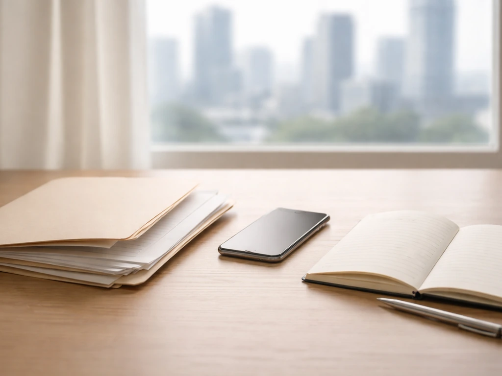 Minimal photo of a desk with business documents and a smartphone beside a cup, symbolizing net worth estimate methods