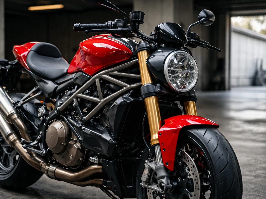 Close-up of a Ducati motorcycle in a clean industrial workshop with natural light, no people.