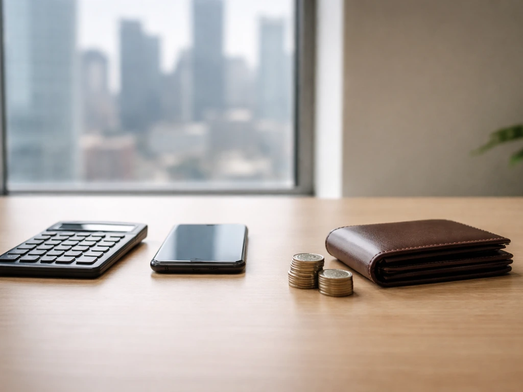 Minimal desk scene showing business valuation items beside personal money items, no text.