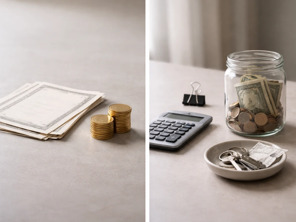 Minimal office desk scene contrasting gold coins and calculator to symbolize market cap vs enterprise value.