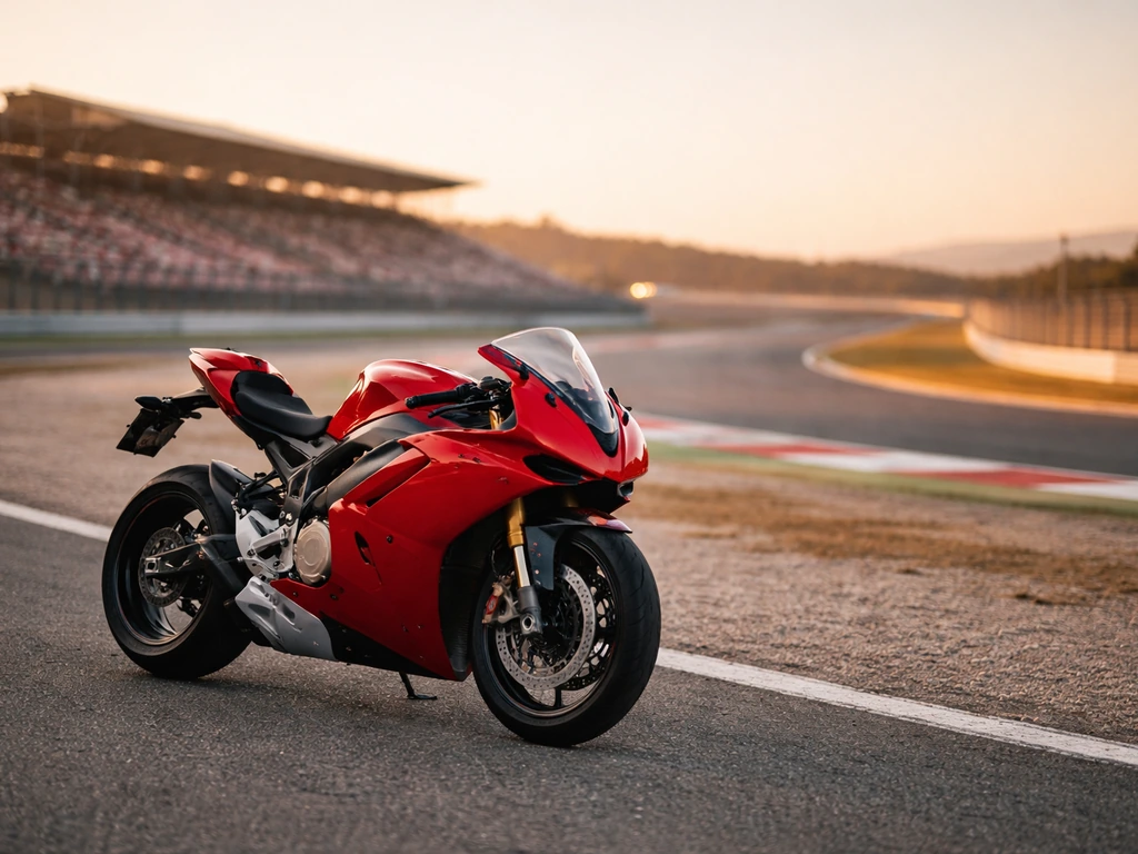 Ducati-style red sport motorcycle on a racetrack at golden hour, marketing-energy implied by speed blur