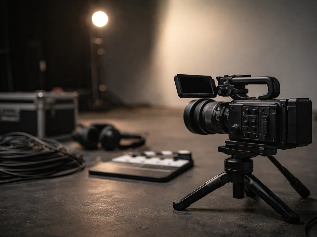 Minimal film set with a mounted camera and clapperboard on the floor under studio lighting
