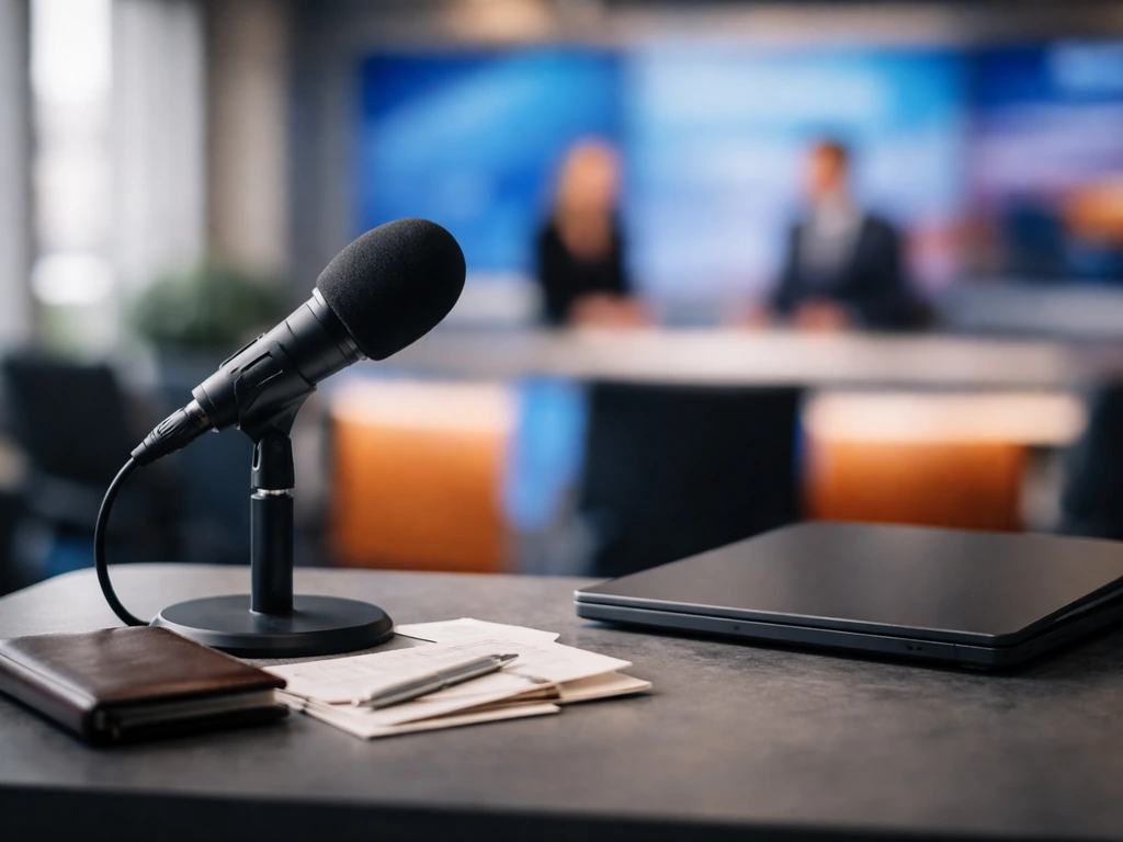 Empty TV studio desk with a microphone, laptop, and blank paperwork in soft natural light
