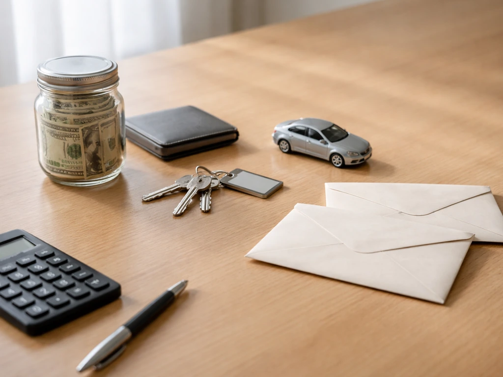 Minimal desk scene with cash jar, keys, toy car, envelopes, and a calculator illustrating assets minus liabilities.