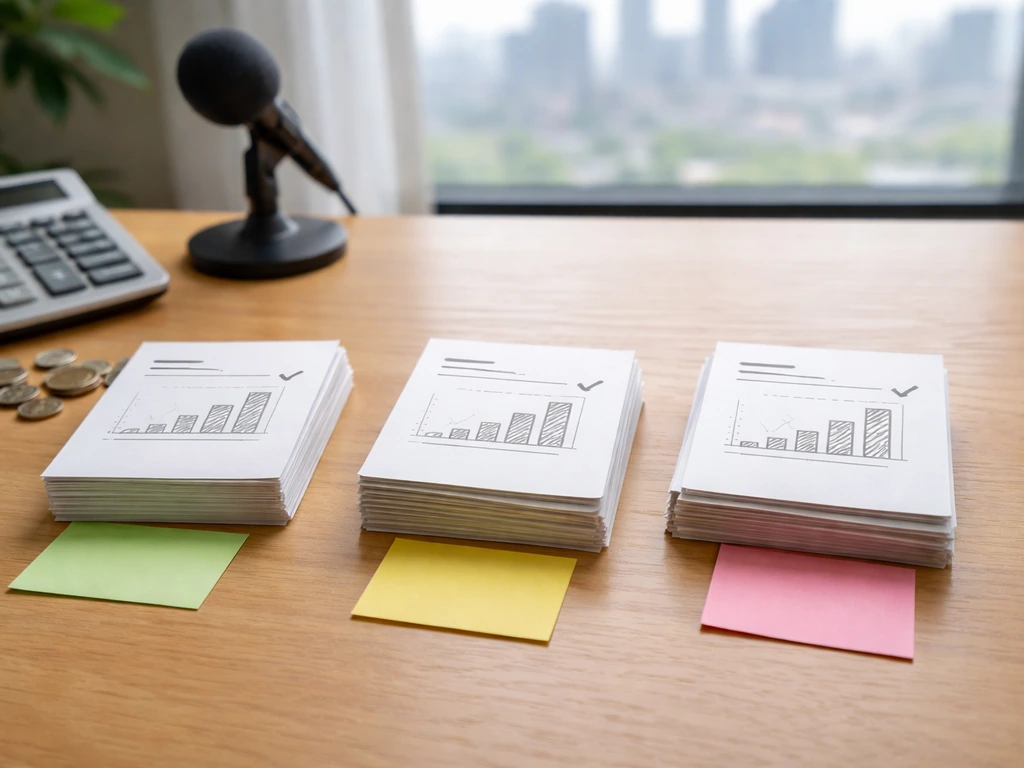 Minimal desk scene with fanned blank estimate cards, sticky notes, coins, and a calculator suggesting differing sources.