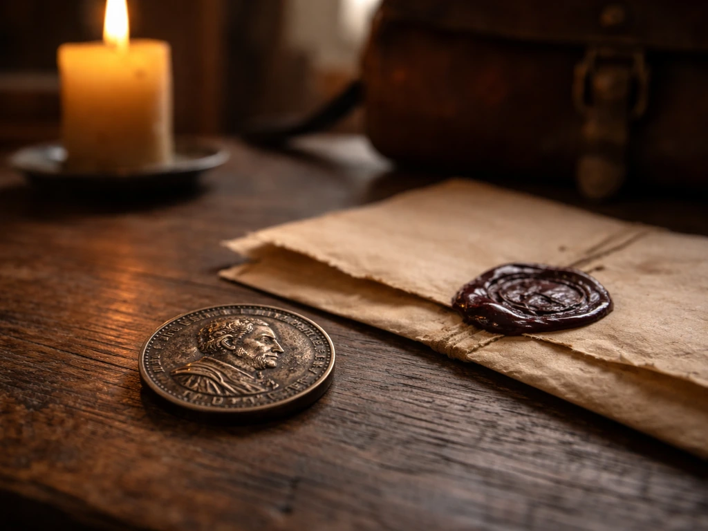 Minimal symbolic scene: Renaissance-style coin on a wooden desk beside a sealed letter, hinting at historical wealth and