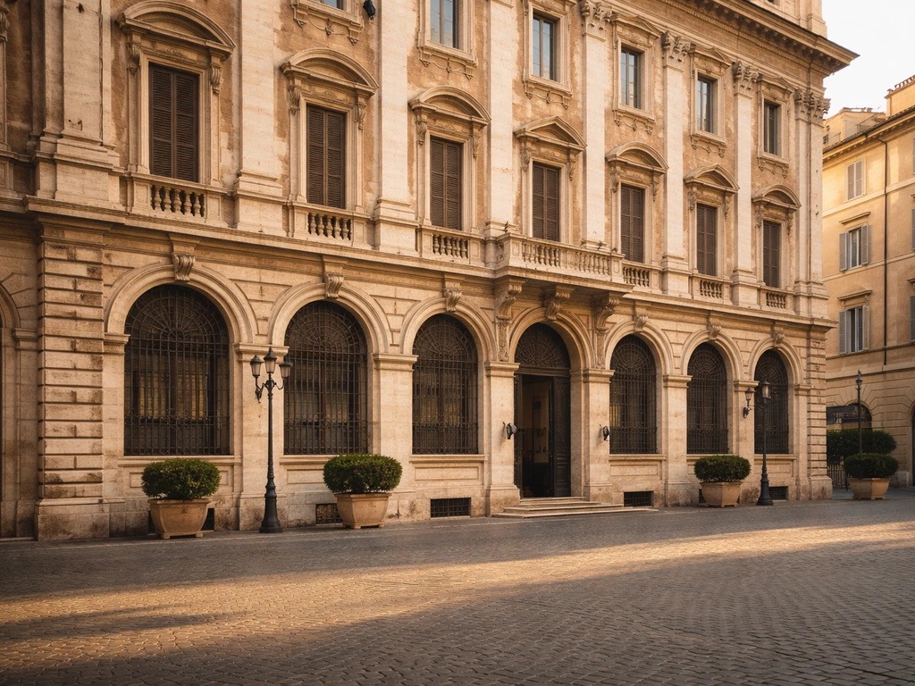 Sunlit historic Roman palazzo facade with arched windows on a quiet street, symbolizing valuable real estate.