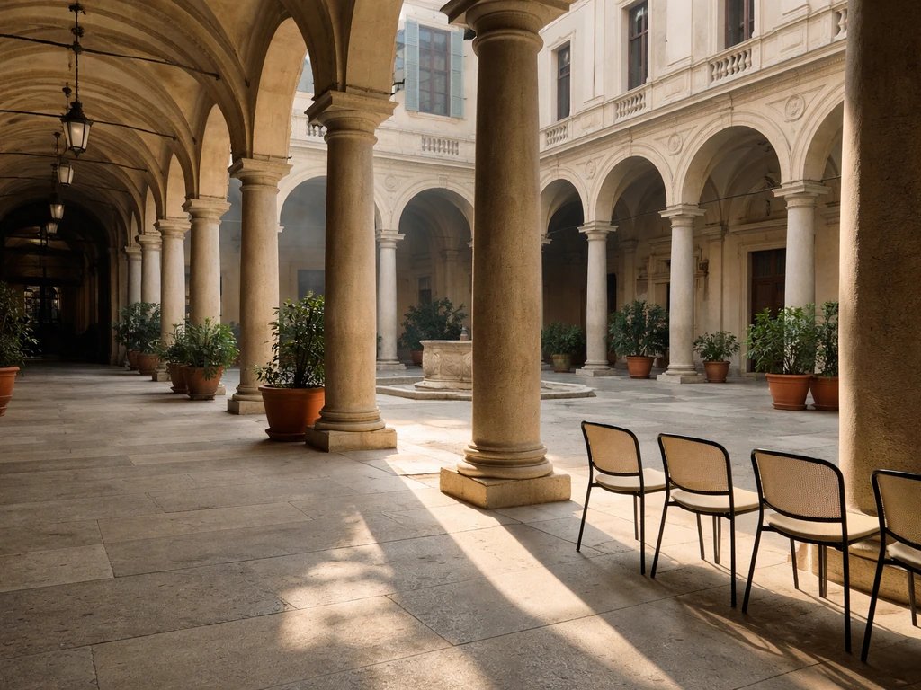 Elegant institutional courtyard interior with warm light and historic stone arches, symbolizing a cultural foundation.