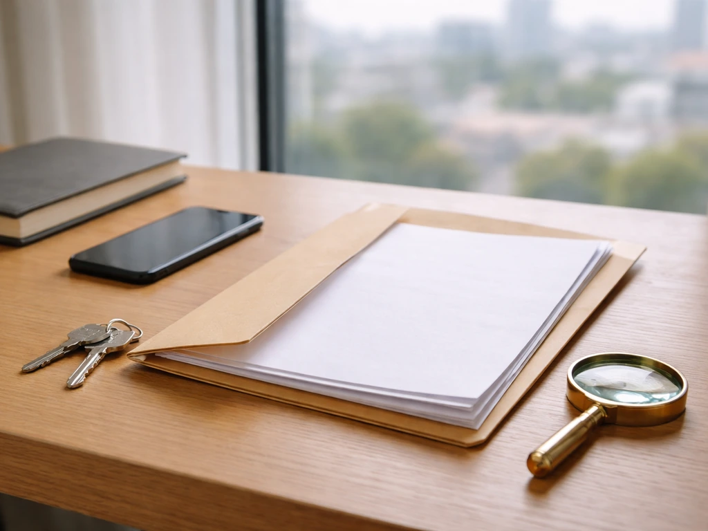 Minimal desk scene with documents and a phone, suggesting property-record due diligence for updated figures.